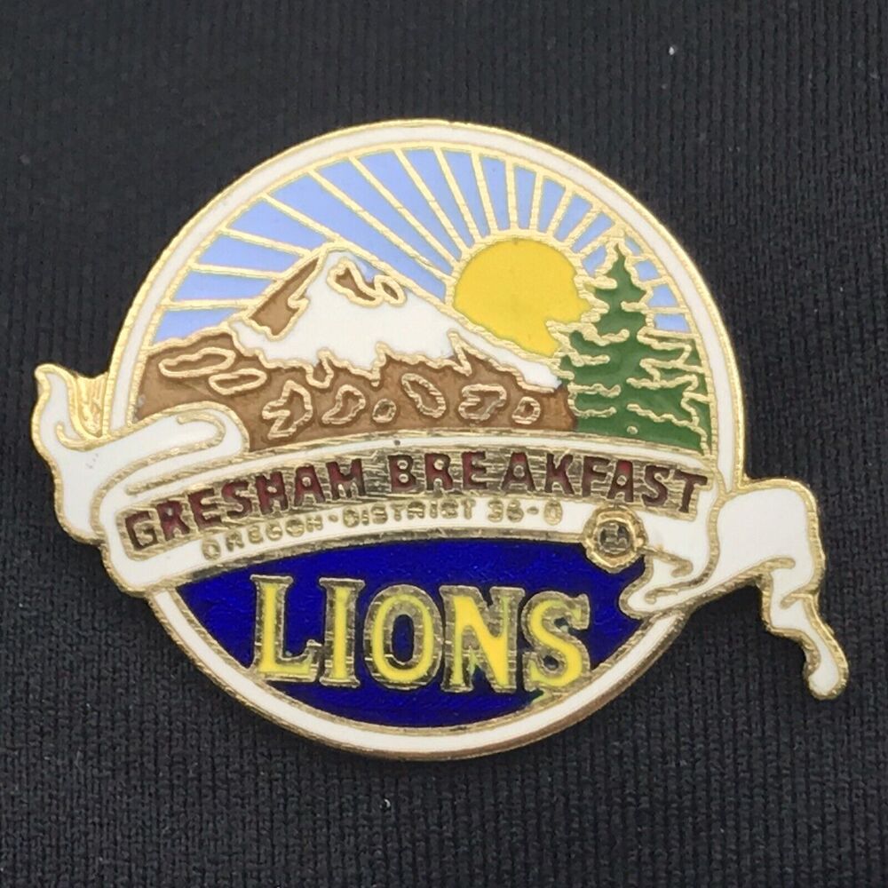 Oregon Lions Club Gresham Breakfast Gold Tone Enamel Vintage Mountain Sun Tree